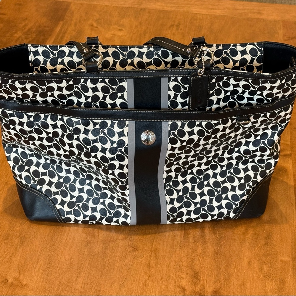 Coach Black and White Signature Leather Tote